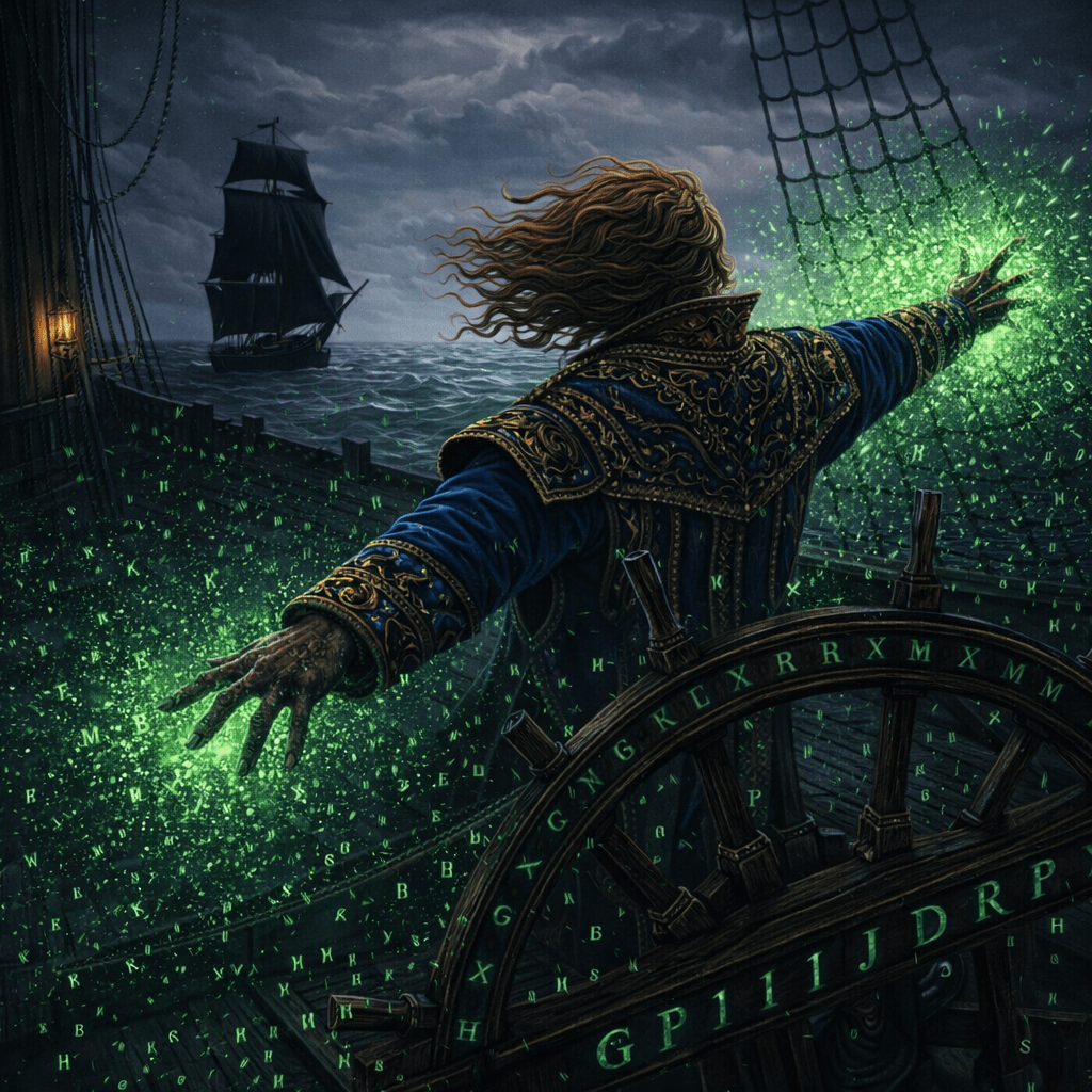 Sea captain with red hair and blue coat steering ship during storm with glowing magical letters around him
