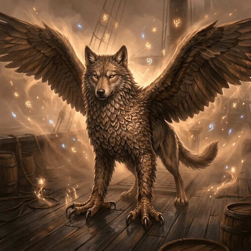 Grey winged wolf with large feathers standing on a wooden ship deck in foggy weather