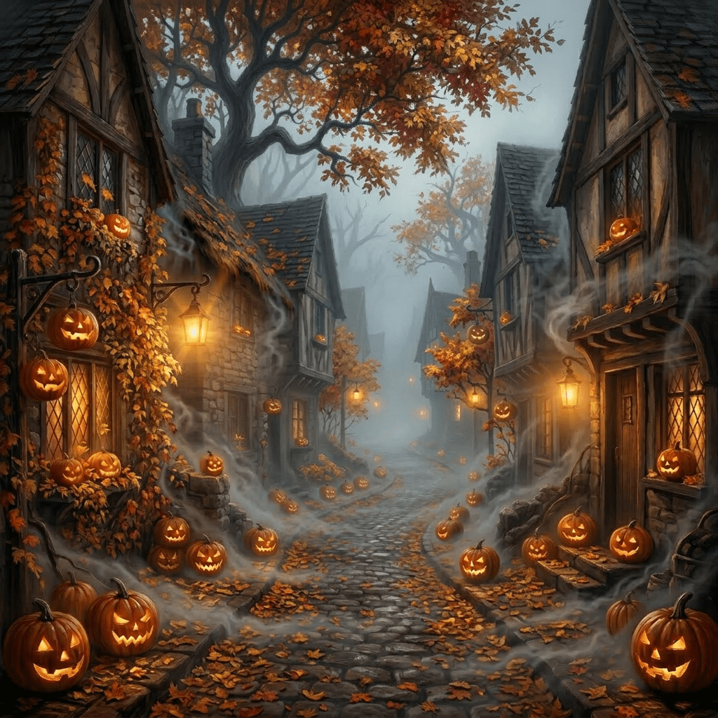 Cobblestone street in a village decorated with glowing jack-o'-lanterns and old houses under a dark, eerie sky