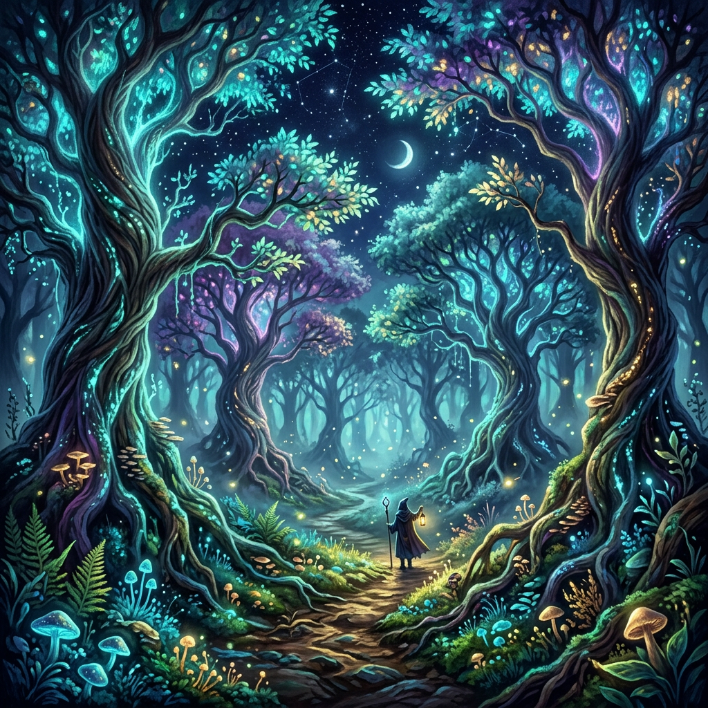 Traveler holding a lantern walking along a glowing forest path at night with mystical trees and mushrooms
