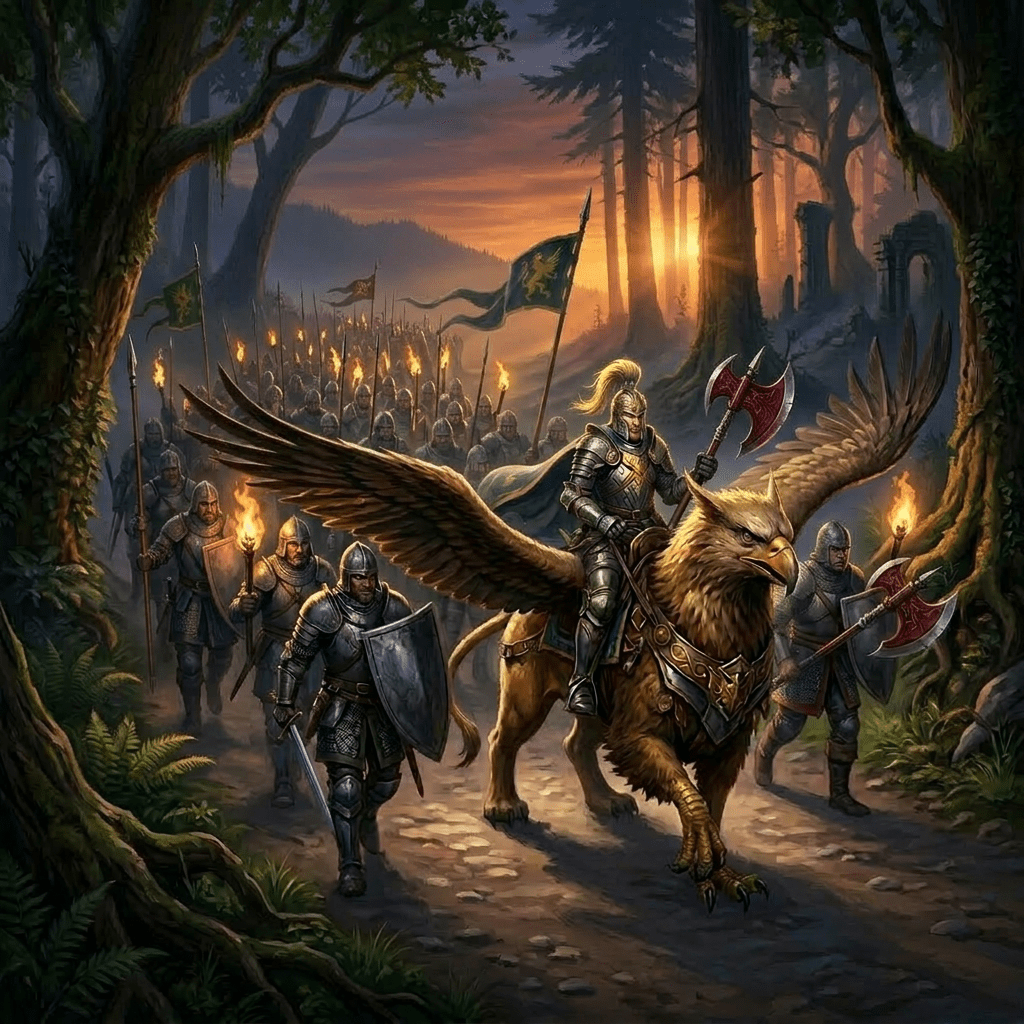 Knight in armor riding a griffin leading an armored medieval army with spears and shields through a forest path